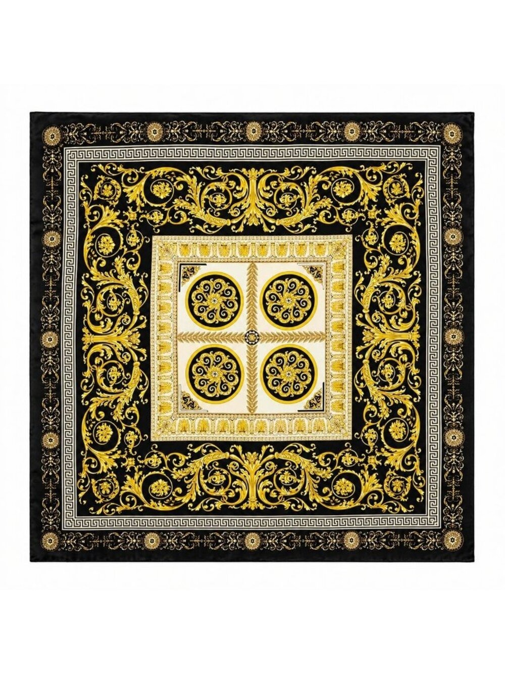 Luxury Gold Baroque Satin Square Scarf for Women – Black & Gold Ornate Chain - Picture 1 of 7